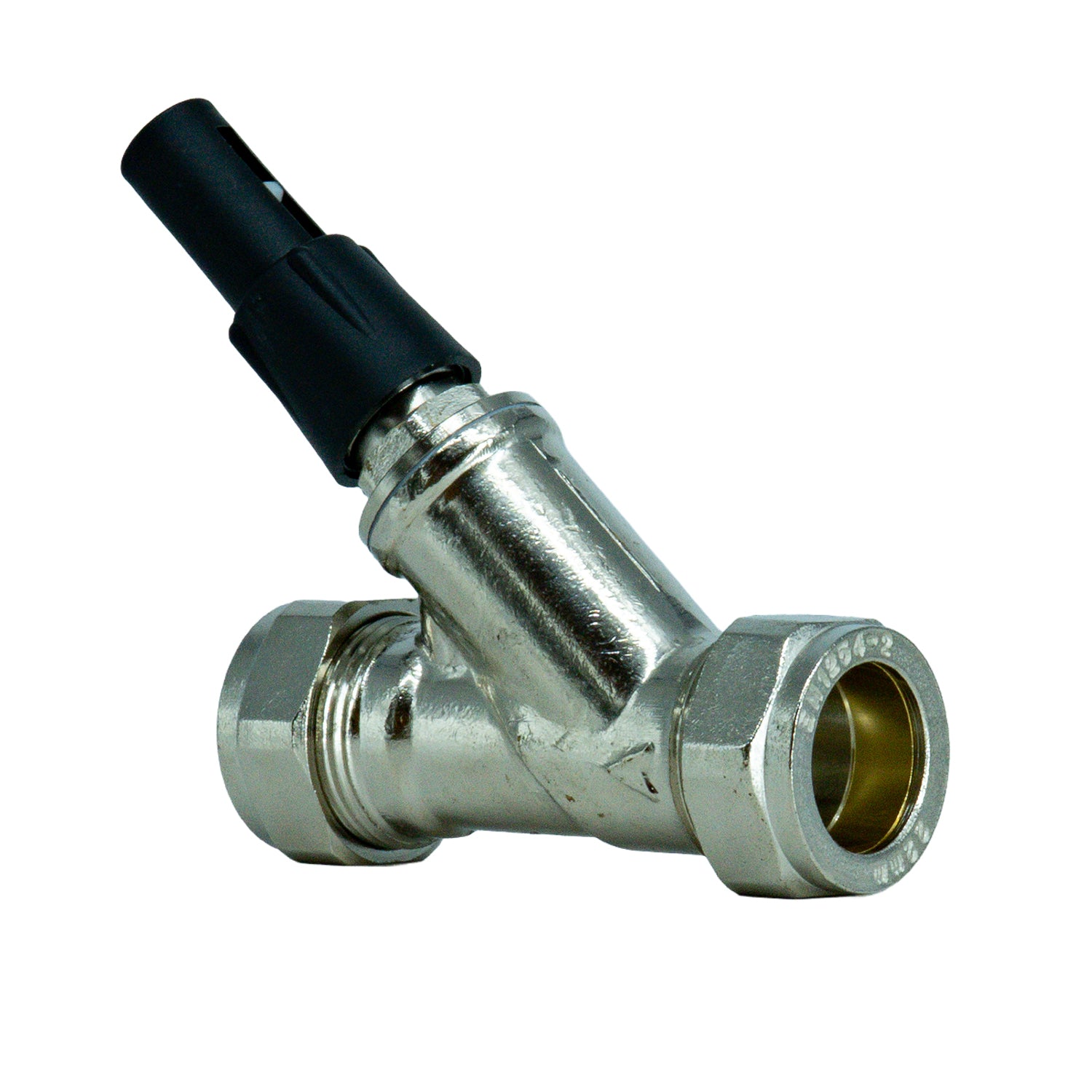 A 22mm Automatic Bypass Valve Straight with Compression Connections with a black threaded connector on one arm and a brass-colored inner opening, shown on a plain white background.